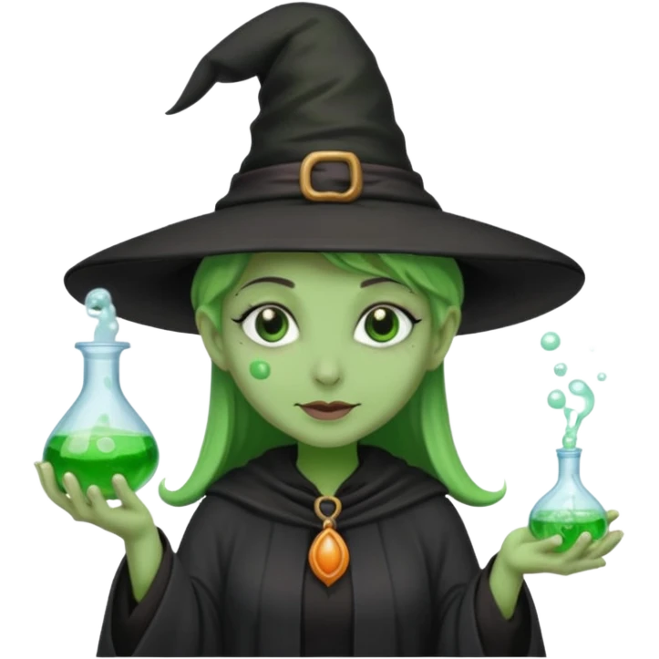 Witch with Green Skin – long-nosed witch in black hat holding potion emoji