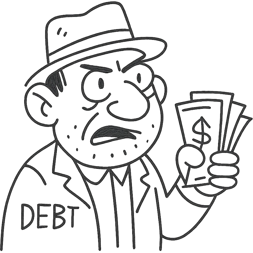 debt collector, exaggerated features, holding a stack of bills emoji