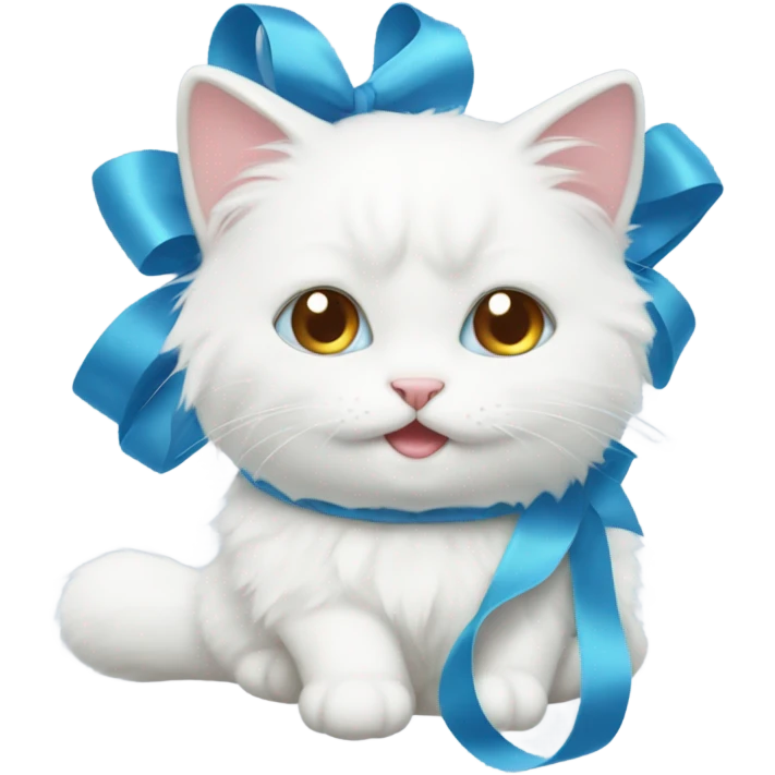 Thick fur white cat cute with soft blue ribbon on her head emoji