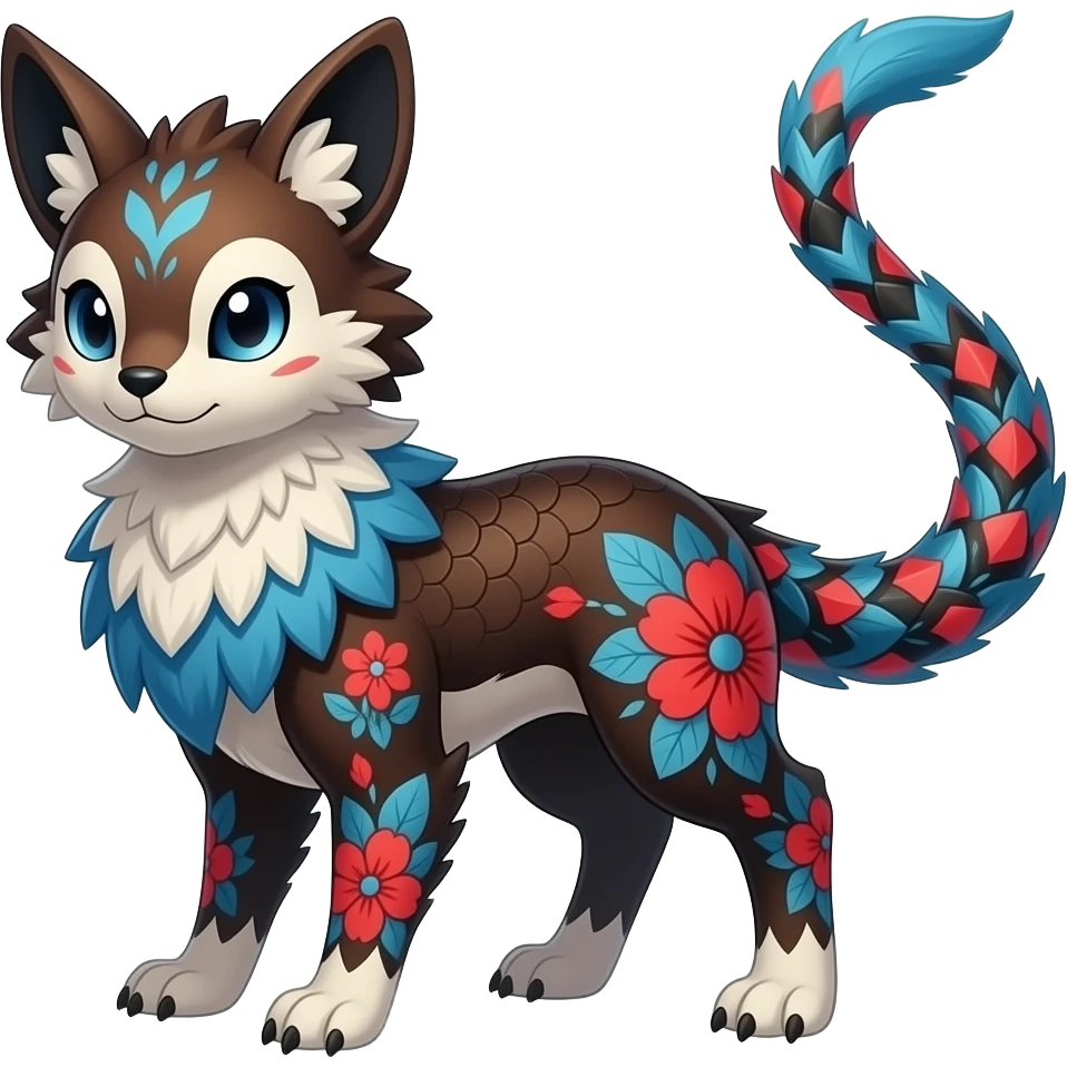 Floral-patterned majestic feathery elegant realistic stylish Furry, fluffy feathery tropical painted scaly, dark-brown, sanguine-red, blue, white, black, Minccino-Bambino-Linoone-Zangoose-fusion-hybrid-animal-Fakémon-creature, full body, thin long sleek scaly tail, intricate markings emoji