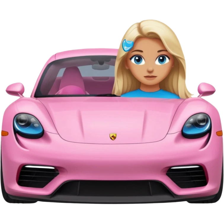 pink Porsche taycan with blonde girl, long hair, blue eyes, front view point of view, no sunglasses, sexy emoji