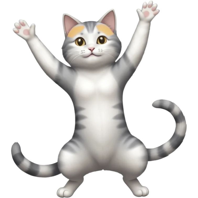 grey and white cat doing a big long stretch reaching up into the air with arms and legs together emoji