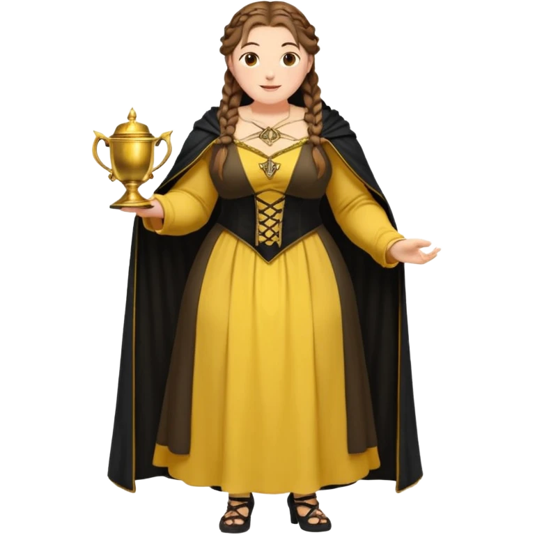 Helga Hufflepuff,brown-haired,2 braids,yellow-black medieval open dress,deep neckline,fat macromastia,black cloak decorated with gold braiding,gold cup with two handles,very kind smile,curvy busty sweet woman,round rosy cheeks,full length with medieval shoes emoji