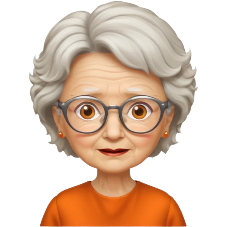 OLD LADY IN KITCHEN OUTFIT ORANGE DRESS, GLASSES. WHITE HAIR , AOROM BUSHY HAIR emoji