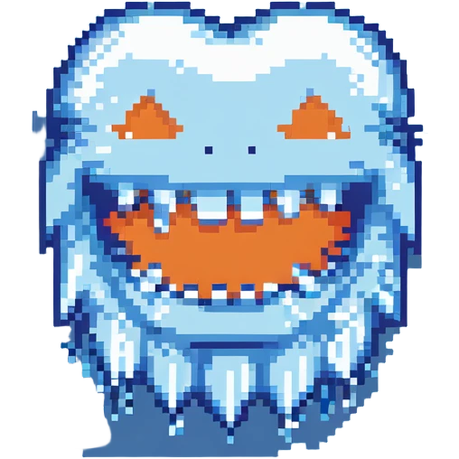 Pixel art blue freezing face with chattering teeth and ice crystals emoji
