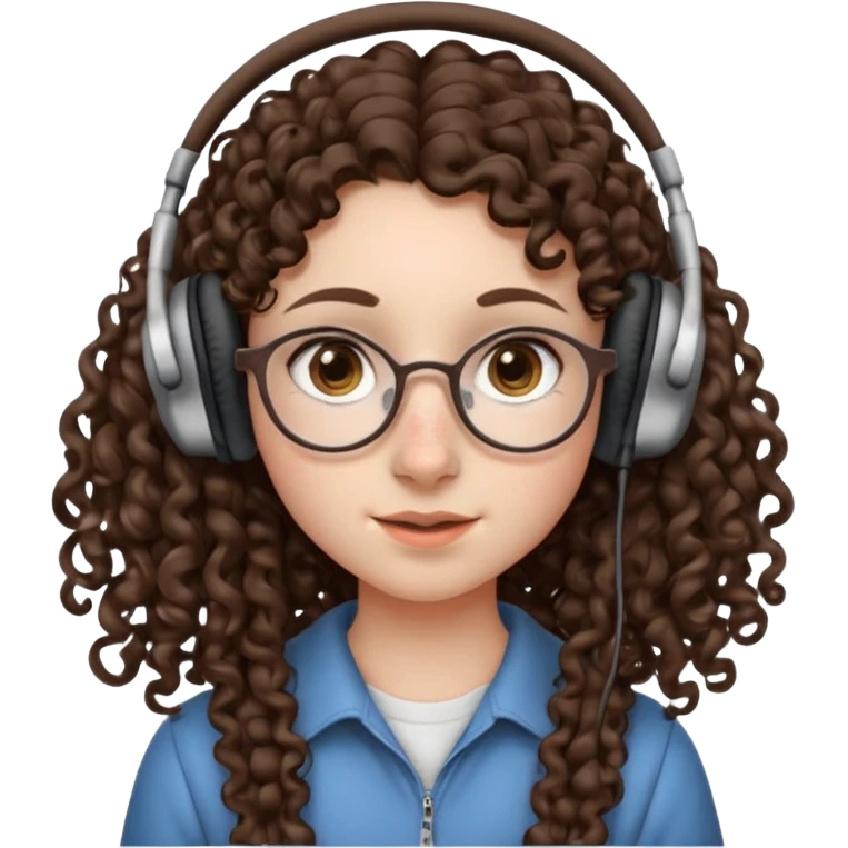 brunette kid with unique face features and very curly long hair kid girl neutral and very big nose and ears and dark eyes with freckles kind of nerd looking and headphone wearing no glassess just nose piercing very big one emoji