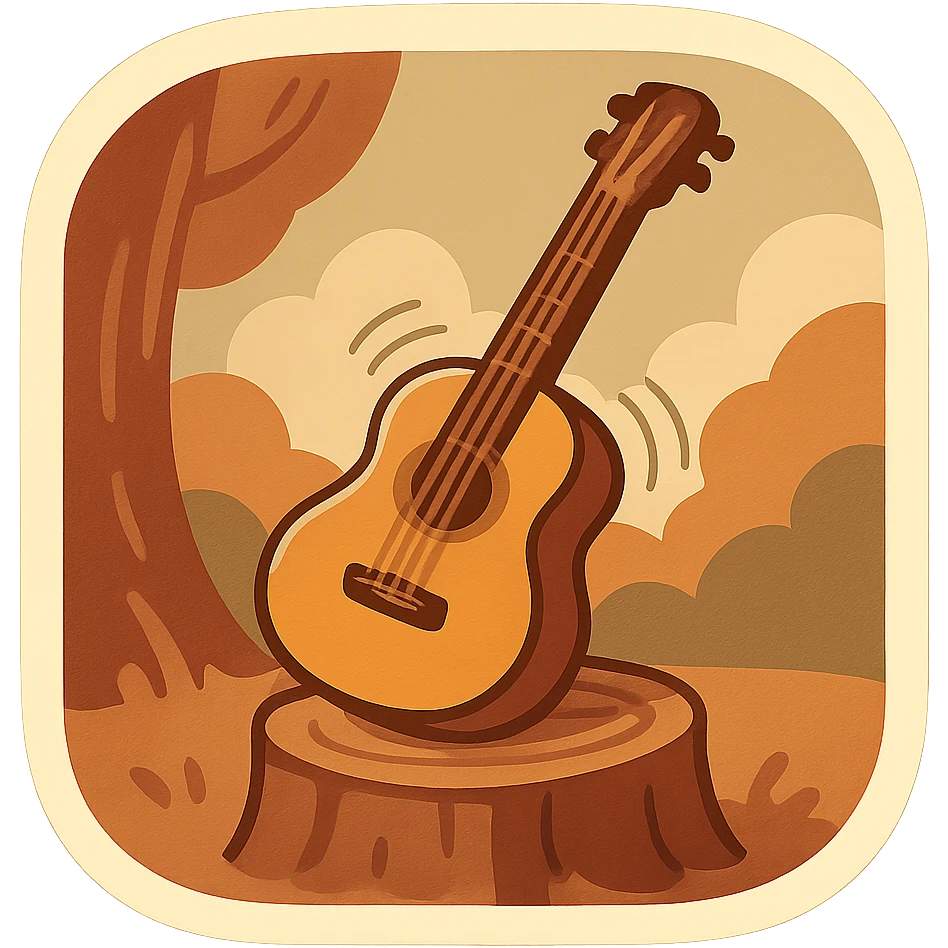 animated guitar gently vibrating resting on a tree stump, retro vintage style, cozy acoustic aesthetic, warm muted colors, subtle grain, soft lines, 112x112px, smooth loop, nostalgic analog mood emoji