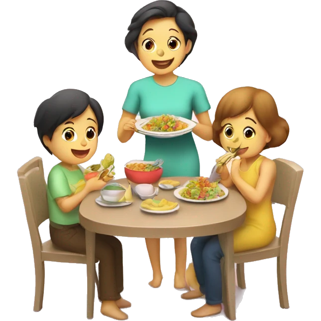 A baby in the kids chair and his mom and dad are eating helsi food  by the table  emoji