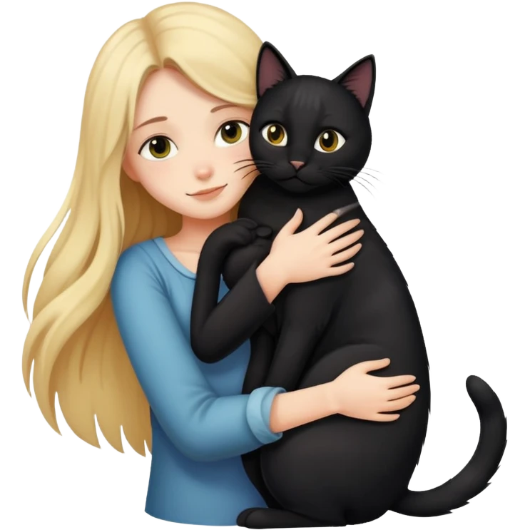 A long-haired girl hugs a black cat tightly emoji