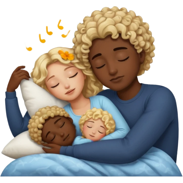 blonde girl and dark skin boy with curly hair sleeping and cuddling emoji