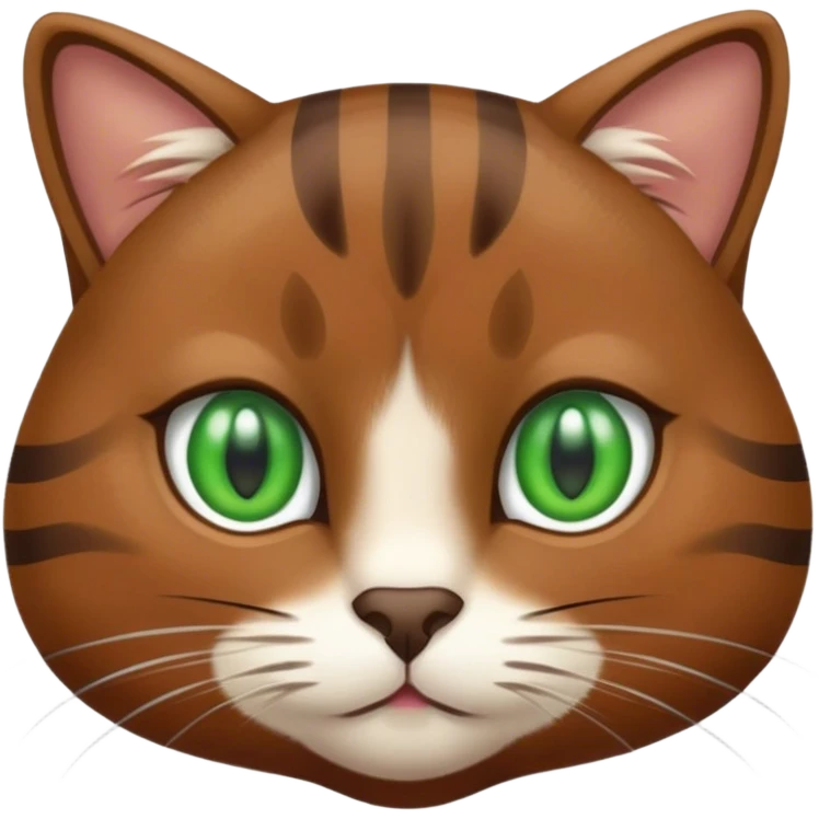 a brown cat with a white chin and white cheeks but striped and green eyes much fur and darker brown emoji