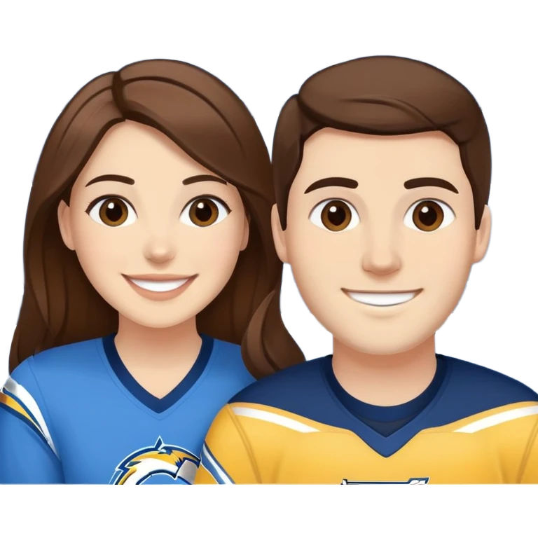 smiling at chargers game brunette hair but white skin. They are girlfriend and boyfriend. Not sibling.  emoji