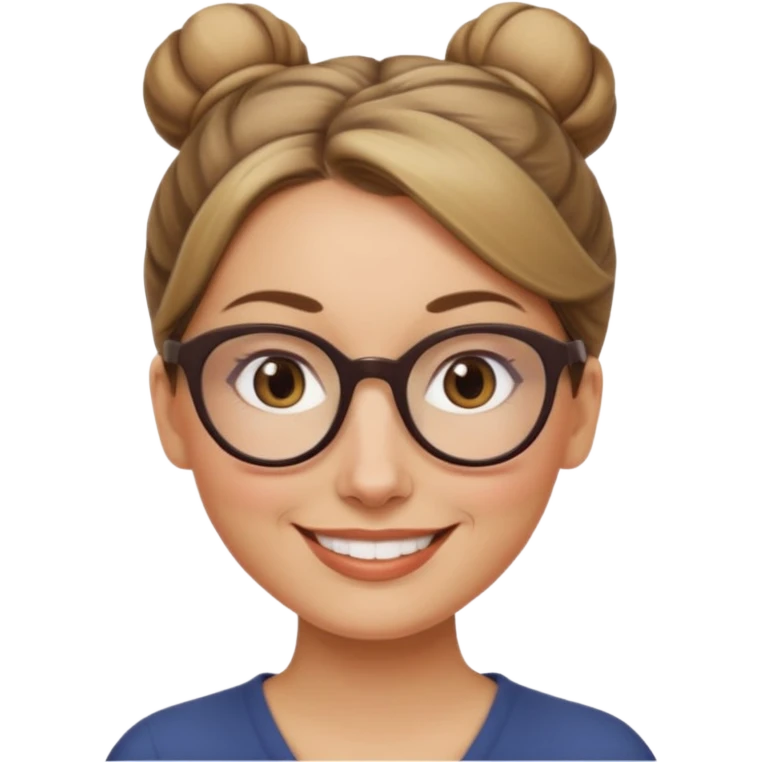 femme de 38 ans avec des cheveux tirés vers l'arrière blond foncé sans mèche devant, un chignon haut, yeux bruns, lunettes rondes, visage ovale emoji