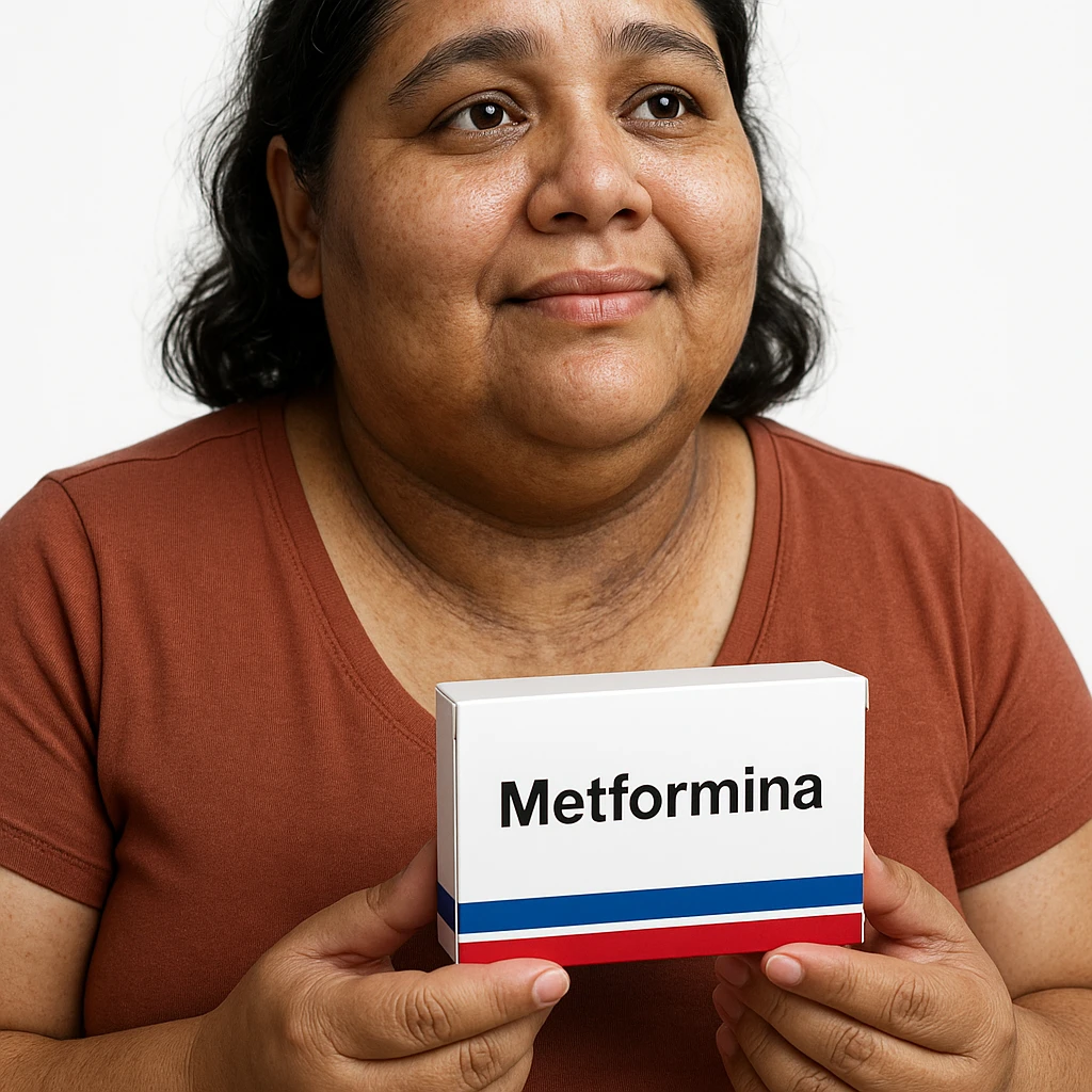 Hyperrealistic 4K vertical 9:16 image of a woman with signs of insulin resistance (acanthosis nigricans, slight overweight), holding a box of Metformin with the word 'Metformina' clearly visible and realistic, hopeful expression, white isolated background. emoji