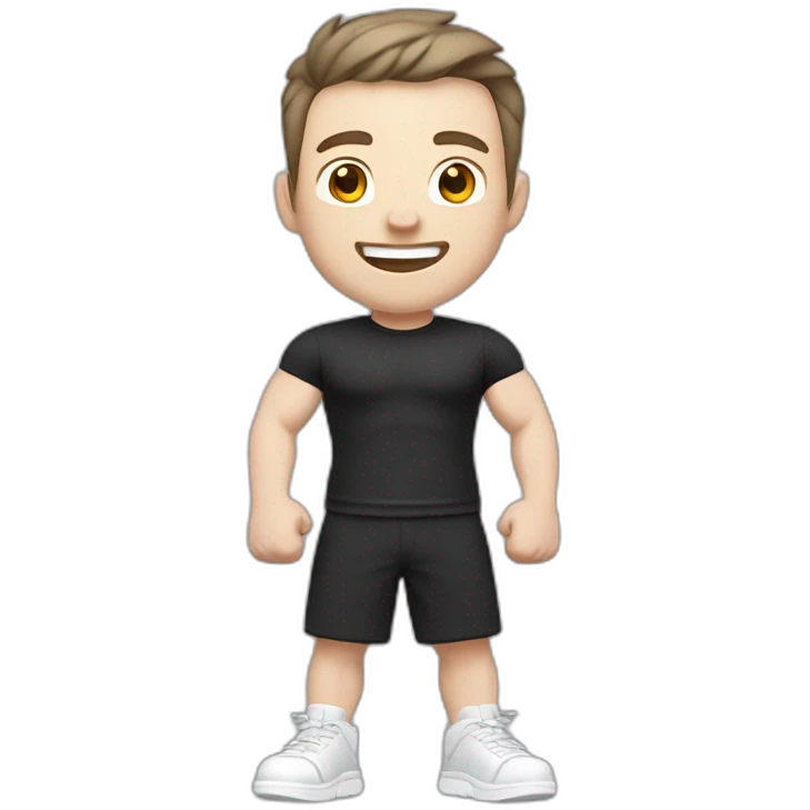 Joyful Celebrating victory Pale skinned Fit Man With the biceps and dark brown hair in black shirt, gray sports shorts and white Sneakers emoji