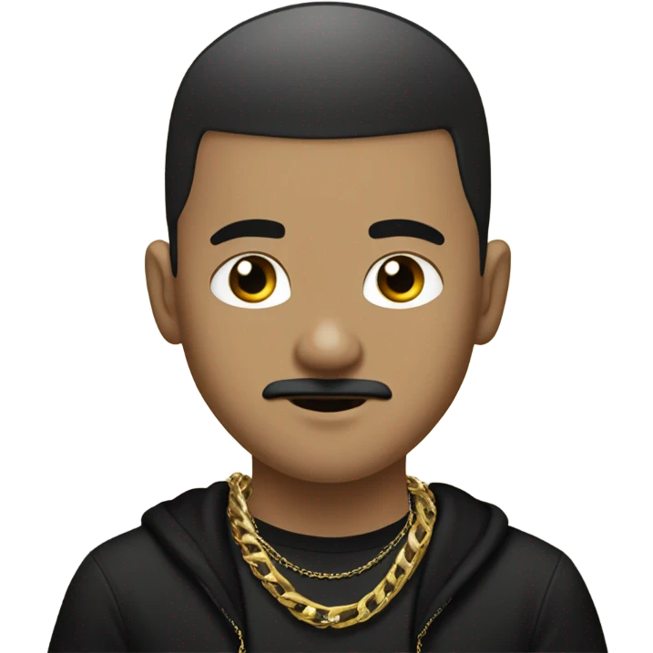 Withe boy with black buzz cut and big black mustache and gold chain in rapper t shirt  emoji