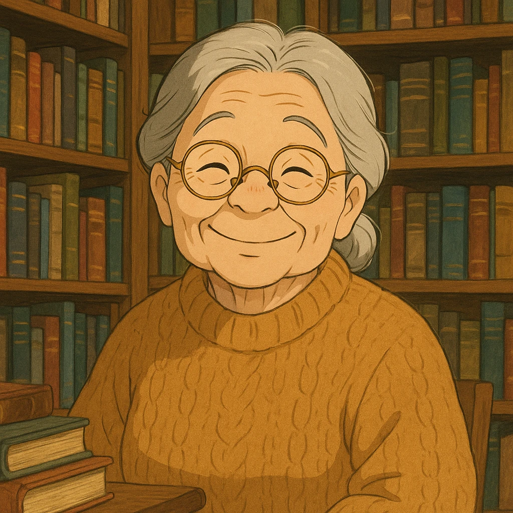 ghibli style elderly smiling librarian granny, warm expression, glasses, cozy sweater, surrounded by books emoji
