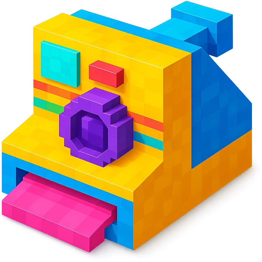 instant Polaroid type camera, isometric view, voxel style emoji