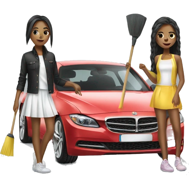 Two girls cleaning a expensive car with fashion clothes  emoji