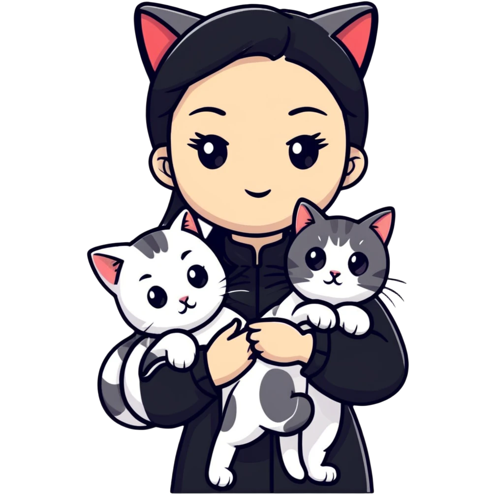 Young woman in black clothes with a Chinese domestic cat emoji