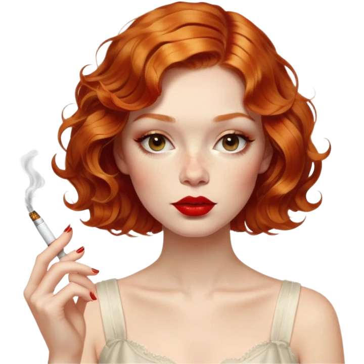 Alluring ginger 1870's French girl french shiny wavy textured bob haircut tousled hair red lips smoking cigarette emoji