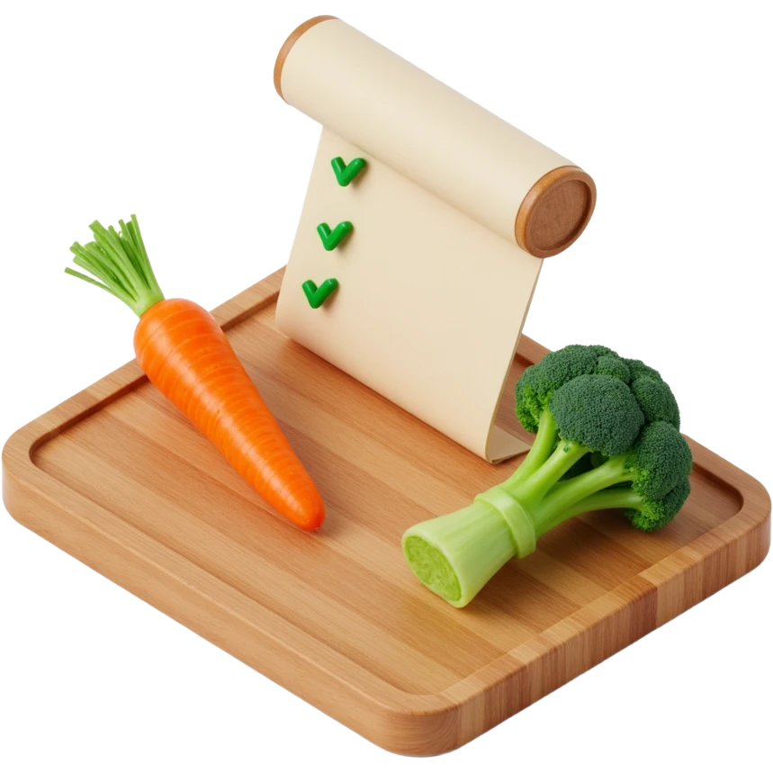 carrot tomato brocoli on the wooden cutting board with floating rolled paper list with green checkboxes emoji