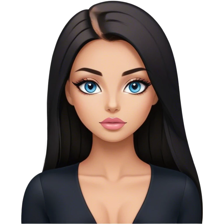 Glamours, tanned, beautiful, girl, with blue eyes, big pump peach-beige-rose lips, eyeliner, long lashes, black straight smooth silky long hair, straight parting hair,  in black v-neck bodysuit emoji