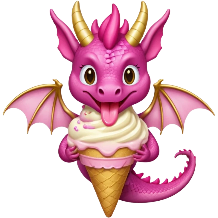 A dragon with its shiny glittered wings in pink tones and pink and gold legs, eats vanilla and chocolate ice cream emoji
