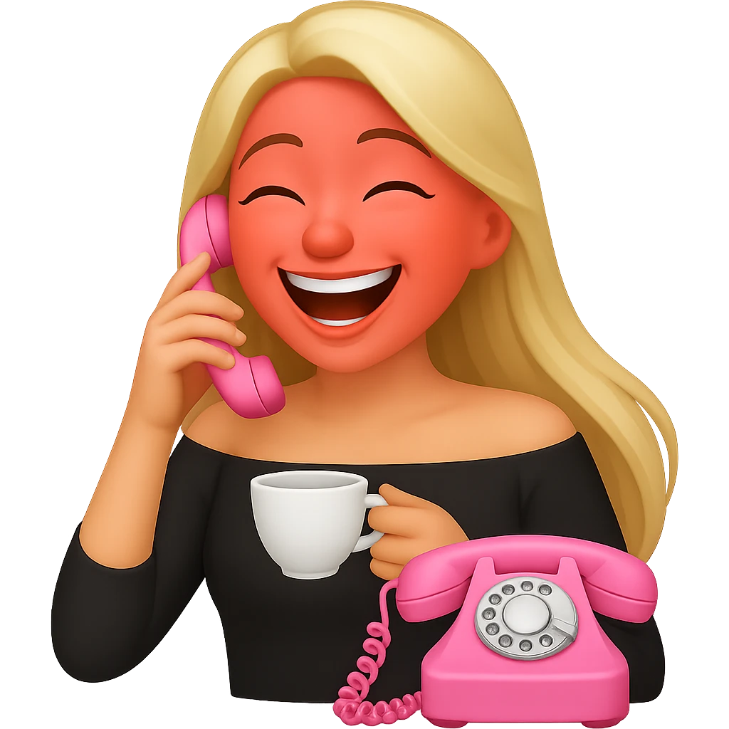Make the character laughing, keep her straight long blond hair, depict her gossiping on a pink analogue phone, holding a tea cup, wearing an off-shoulder black top, with a red face. The style should resemble emoji style. Remove the background. emoji