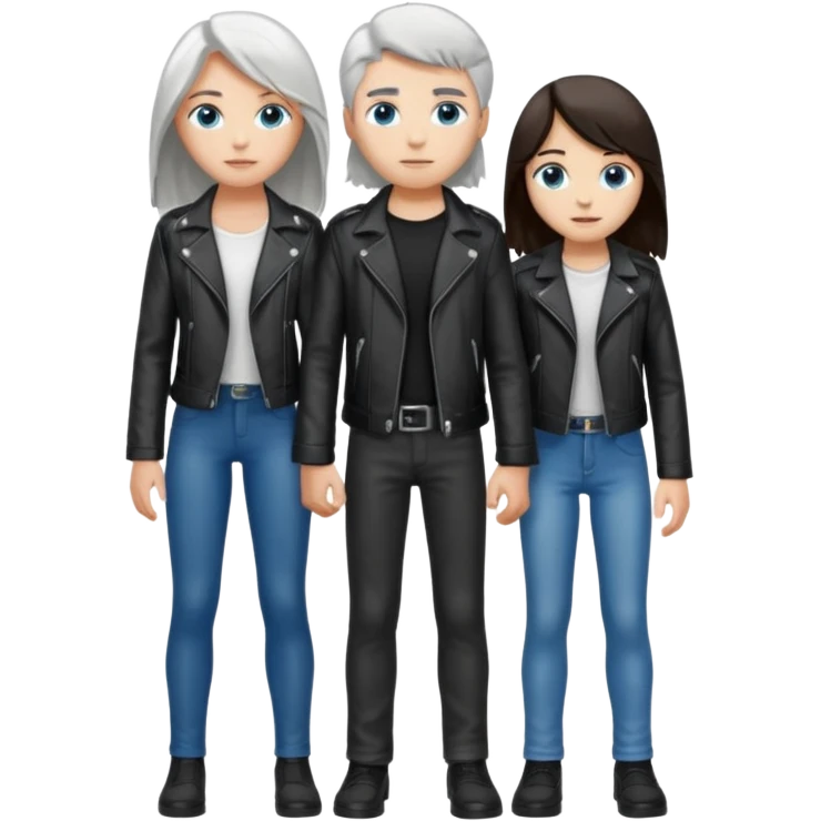 full-length couple, girl with long silver hair and blue eyes in black leather jacket, boy with dark brown hair in white shirt emoji