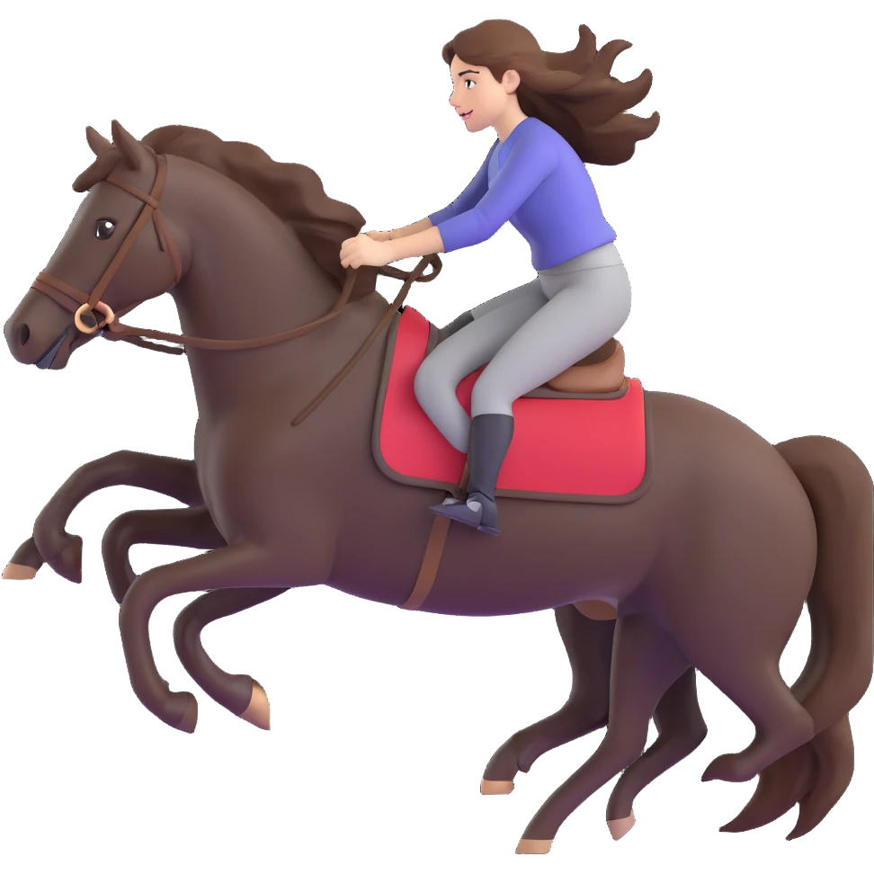 young woman with flowing brown hair galloping bareback on a black horse, energetic motion emoji