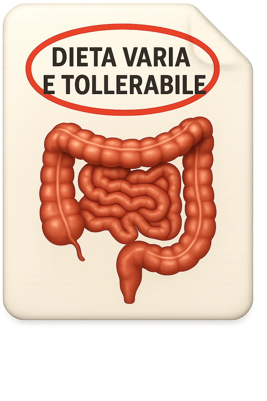 emoji stile iphone di un foglio con un INTESTINO disegnatO sopra e la scritta "DIETA VARIA E TOLLERABILE" CERCHIATA IN ROSSO, iperrealistico 4k, isolato su sfondo bianco emoji