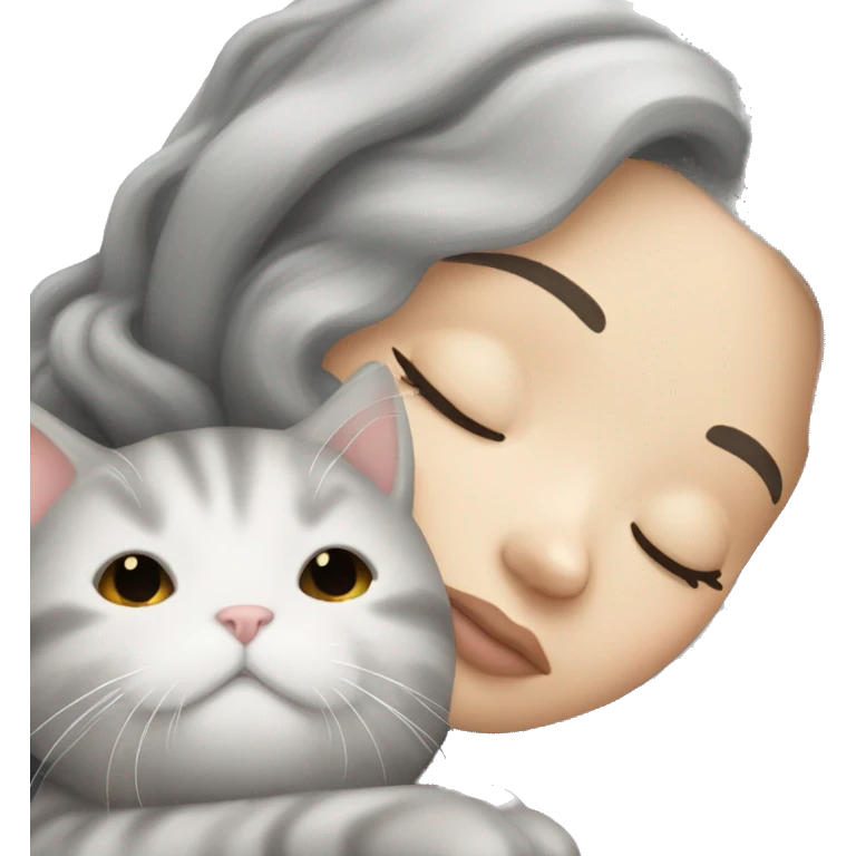 White girl black hair sleeping with light grey kitty emoji