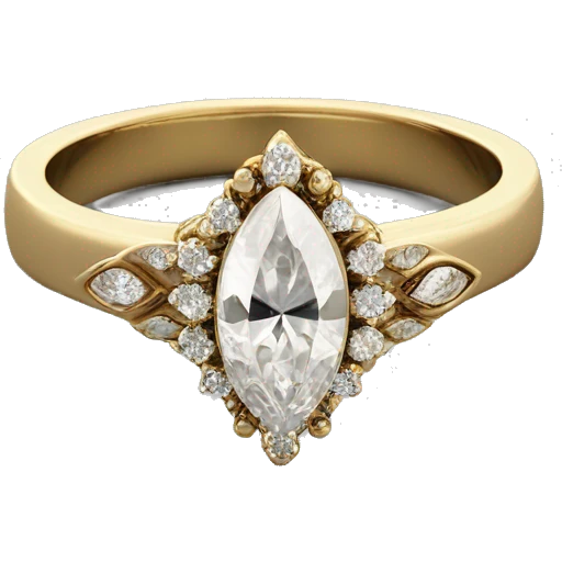 A marquise diamond ring with a vintage floral halo, small diamonds around the center stone, and a thin gold band.  Elegant and timeless.  With a men’s gold wedding band.  emoji