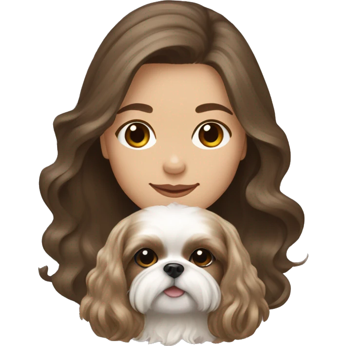 Young brunette hair woman with a cream shih tzu in her arms long wavy hair emoji