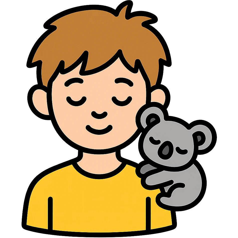 light brown messy haired boy with a very small sleepy koala on his shoulder, color outline icon emoji