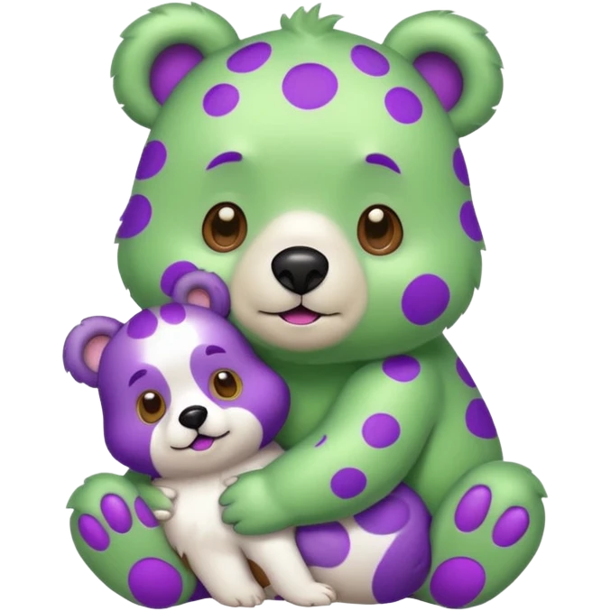 A green bear with purple spots holding a dog emoji