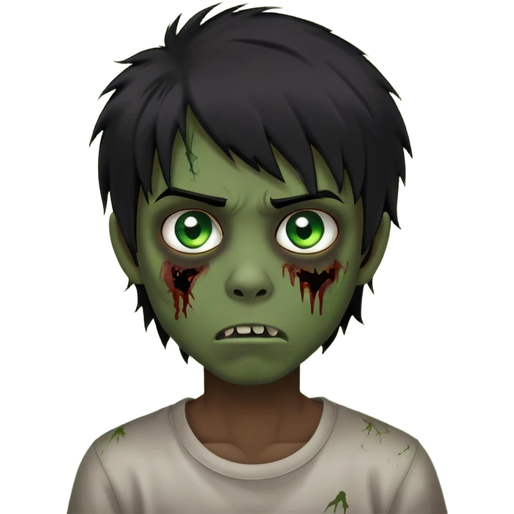 Boy, zombie, black hair, medium long, emo, shaggy, dark, spooky, creepy expression, green eyes emoji