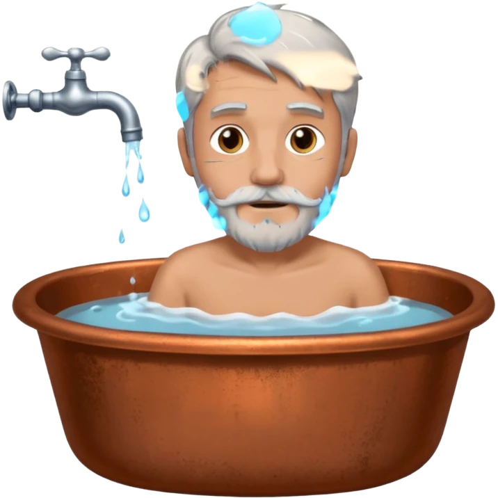 Man with grey hair and grey beard in old copper bath with water running from taps emoji