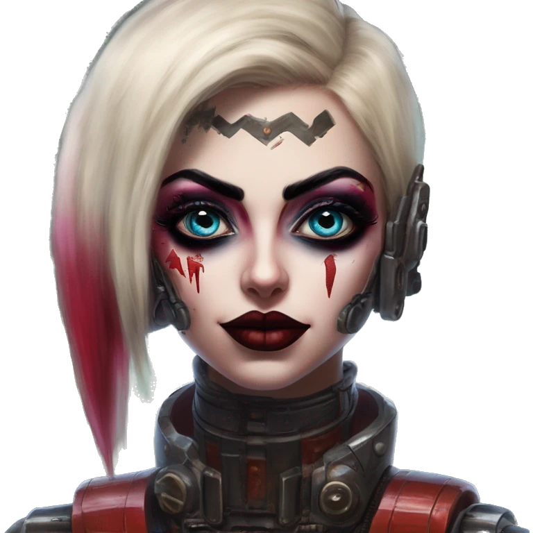 Arabic mechwarrior in Harley Quinn style, oil paint, mysterious eyes, intricate lips, masterpiece portrait, odd perspective, beautiful, desirable, logical emoji