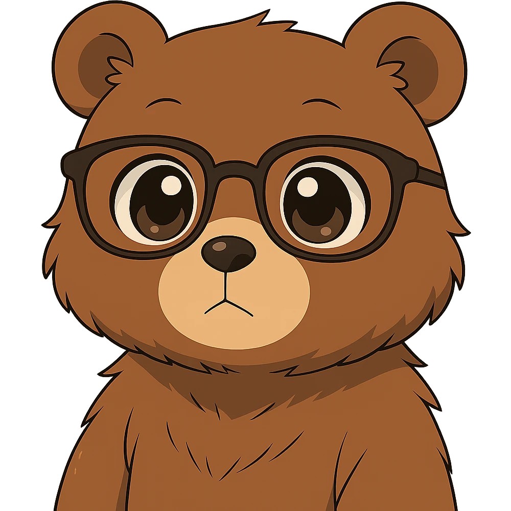 Make the anime style bear with glasses cuter by giving it bigger eyes and a rounder face. Keep no background. The style should remain anime-like. emoji
