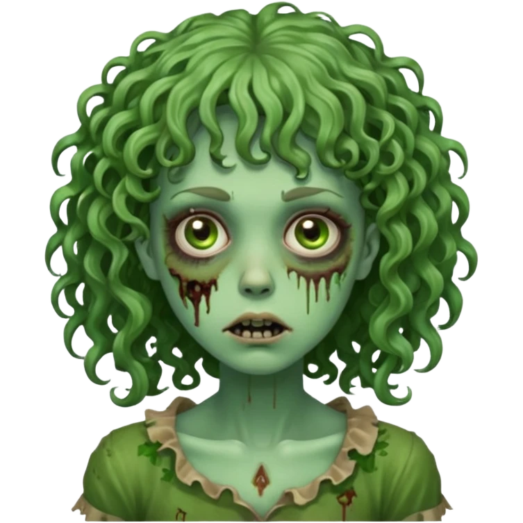 Green zombie emoji girl with curly hair, with curly bangs emoji