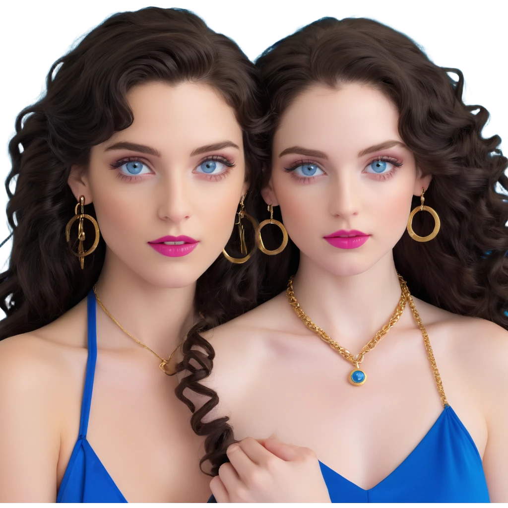 attractive couple in nightclub, colorful lights, woman with big blue-grey eyes, long lashes, pale skin, pink lips, long voluminous dark brown curls, gold hoop earrings, revealing silky halter top next to handsome man with intense blue-grey eyes, chiseled features, pale skin, confident smirk, dark brown styled hair, gold chain, revealing open shirt, dancing together emoji
