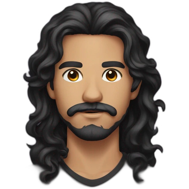young latino man with long wavy black hair and black light beard and mustache  emoji