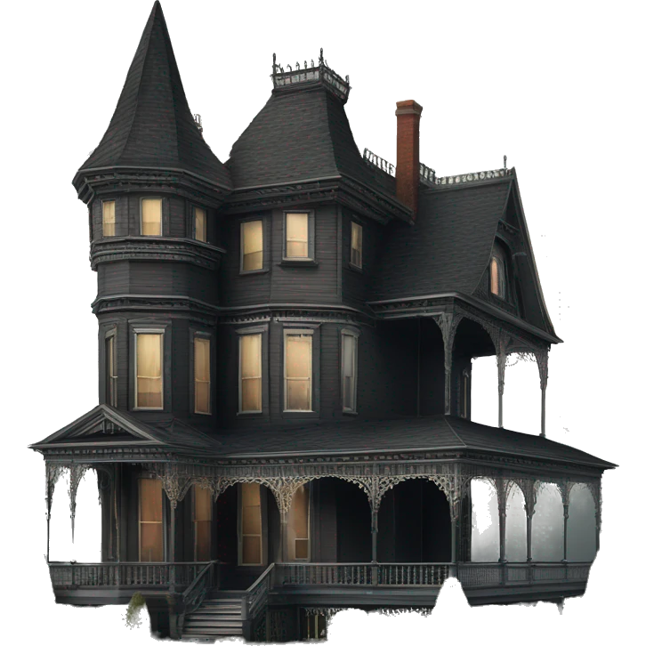 Side view Victorian style . Haunted Addams 8 story house. Wraparound porches  emoji