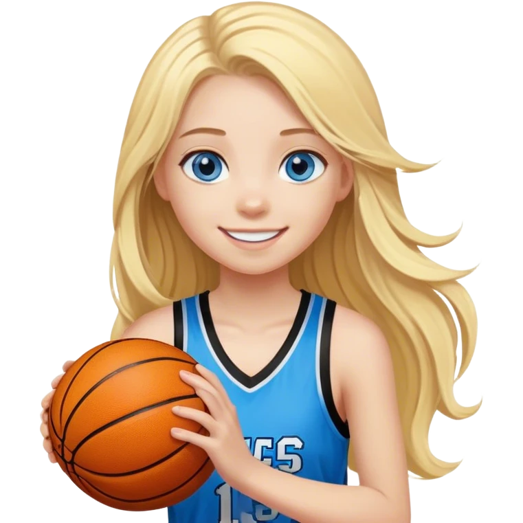 smiling girl with blue eyes and blonde long hair playing basketball with black and yellow jersey emoji