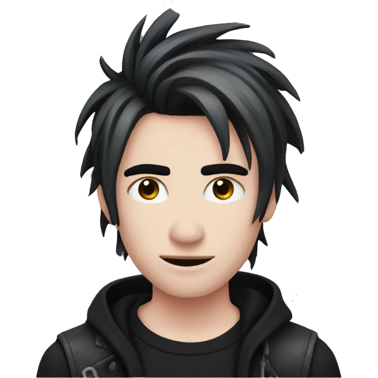 Create an emoji of an emo guy with split-dyed hair—one side pastel pink and the other side black. The hair should have a slightly messy, choppy texture, and the character should have a subtle, sad expression, wearing dark clothing typical of emo fashion emoji