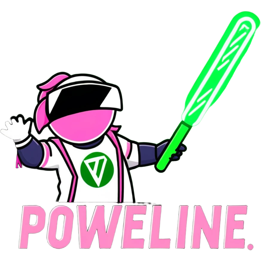 green and pink K-Pop lightstick with 'POWERLINE' text, surrounded by cheering fans and stage lights, energetic concert scene emoji
