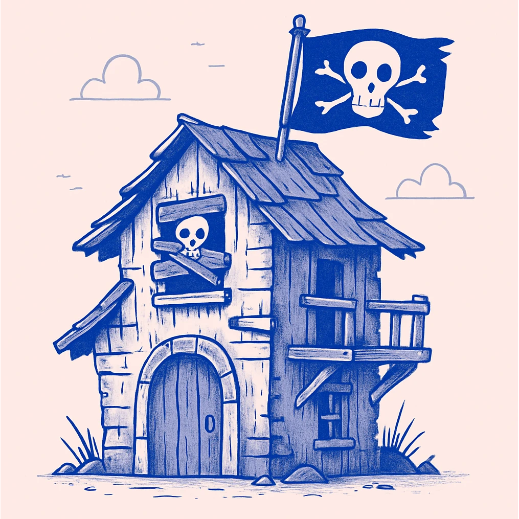 weathered pirate house with skull and crossbones flag emoji