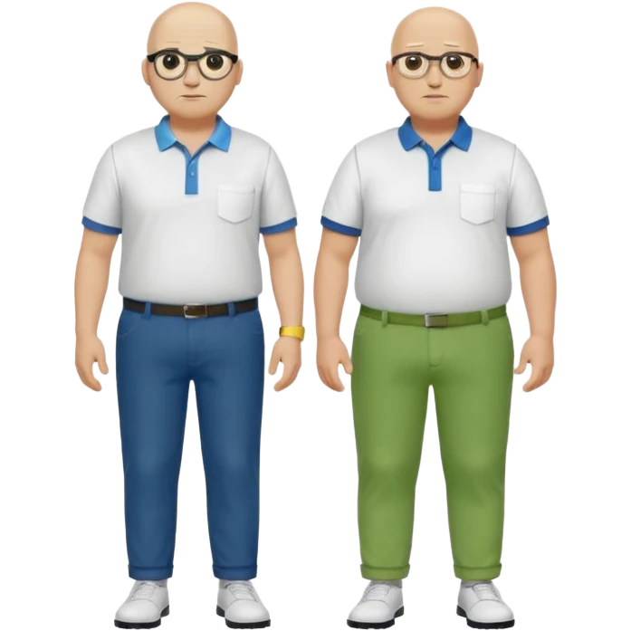 two guys, the first guy is white and have hair but only around his head and not on top, have glases a white dressshirt with rolled up sleeves and green pantsThe second guy has a yellow skin white golf shirt blue jeans and bald they should stand next to eachother they are both really fat  emoji